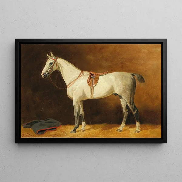 Gris sellé dans une écurie - Emil Volkers — framed artwork on a wall