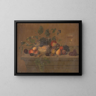 Still life with fruits, a glass chalice, nuts, and insects - Emil Weichert — framed artwork on a wall