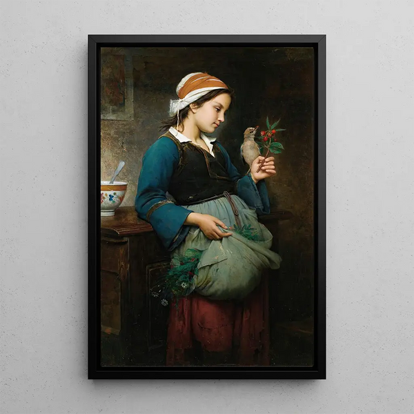 Little Girl with Bird - Émile-Auguste Hublin — framed artwork on a wall