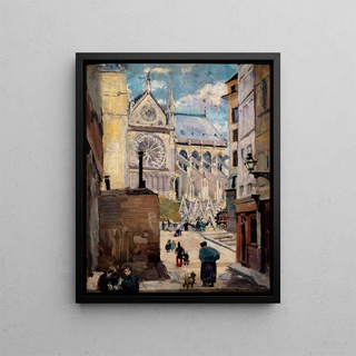 Notre-Dame view from Hôtel Colbert Street - Émile Antoine Guillier — framed artwork on a wall