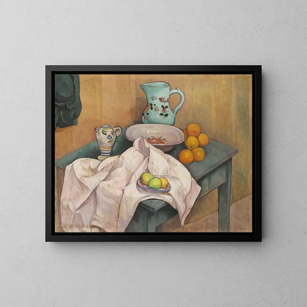 Still life with pitcher and fruits on a spread cloth - Émile Bernard — framed artwork on a wall