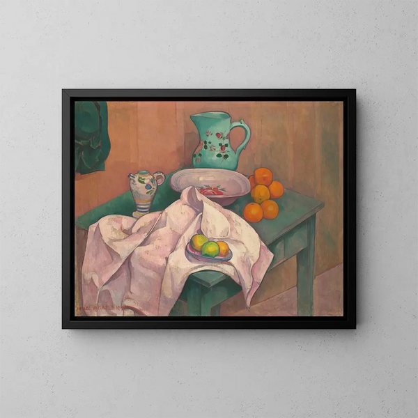 Still life with pitcher, plate, and fruits on a spread napkin - Émile Bernard — framed artwork on a wall