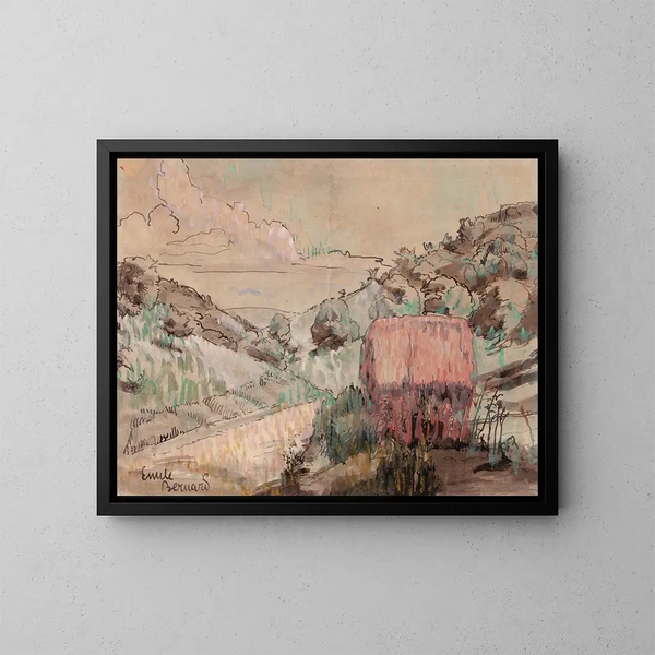 Red Cabin on a Hill - Émile Bernard — framed artwork on a wall