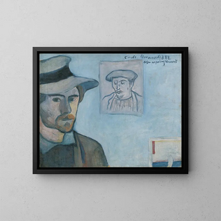 Self-portrait with Gauguin's portrait - Émile Bernard — framed artwork on a wall