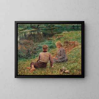 Children in a landscape - Émile Claus — framed artwork on a wall