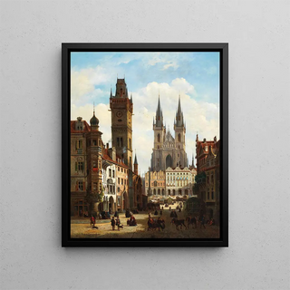 View of the Old Town of Prague with the Church of Our Lady of the Assumption and the Astronomical Clock - Émile Pierre Joseph de Cauwer — framed artwork on a wall