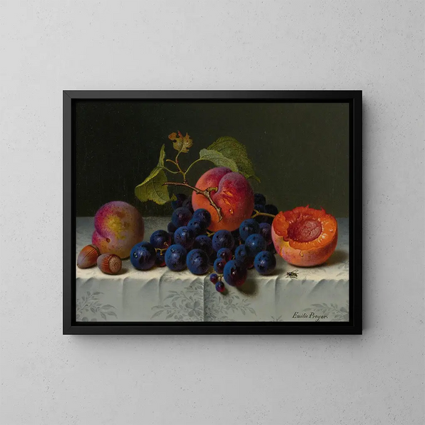 Peach, grape, and nut still life painting on a table - Emilie Preyer — framed artwork on a wall