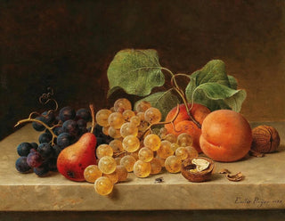 Nature morte with grapes, peaches, a pear, and nuts - Emilie Preyer — artwork view