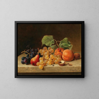 Nature morte with grapes, peaches, a pear, and nuts - Emilie Preyer — framed artwork on a wall