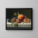 Still life with peaches, plums, grapes, and a fly - Emilie Preyer — framed artwork on a wall