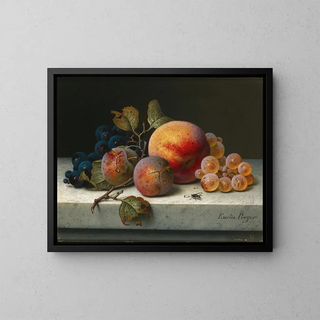 Still life with peaches, plums, grapes, and a fly - Emilie Preyer — framed artwork on a wall
