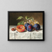 Still life with peaches, red grapes, hazelnuts, and a wasp - Emilie Preyer — framed artwork on a wall