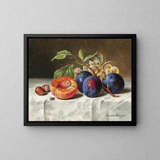 Still life with peaches, red grapes, hazelnuts, and a wasp - Emilie Preyer — framed artwork on a wall