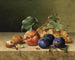 Nature morte with two walnuts, plums, grapes, a peach on a branch, and a fly - Emilie Preyer — artwork view