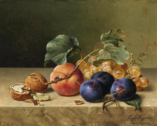 Nature morte with two walnuts, plums, grapes, a peach on a branch, and a fly - Emilie Preyer — artwork view