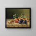 Nature morte with two walnuts, plums, grapes, a peach on a branch, and a fly - Emilie Preyer — framed artwork on a wall