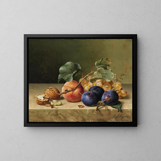 Nature morte with two walnuts, plums, grapes, a peach on a branch, and a fly - Emilie Preyer — framed artwork on a wall