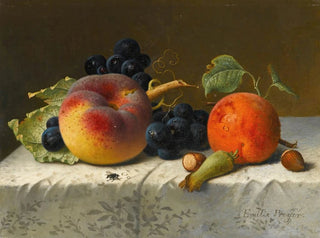 Still life with peach, apricot, grapes, and hazelnuts on a cloth - Emilie Preyer — artwork view