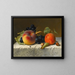Still life with peach, apricot, grapes, and hazelnuts on a cloth - Emilie Preyer — framed artwork on a wall