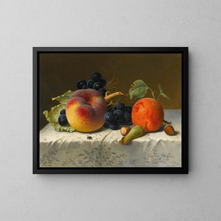Still life with peach, apricot, grapes, and hazelnuts on a cloth - Emilie Preyer — framed artwork on a wall