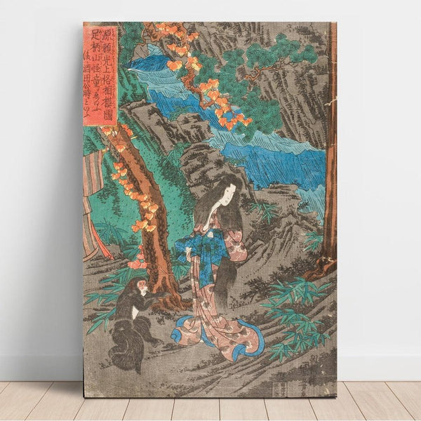 En route to Kyoto, Minamoto no Raiko meets Kaidomaru in the Ashigara mountains of Sagami province and employs him as a vassal - Utagawa Kuniyoshi