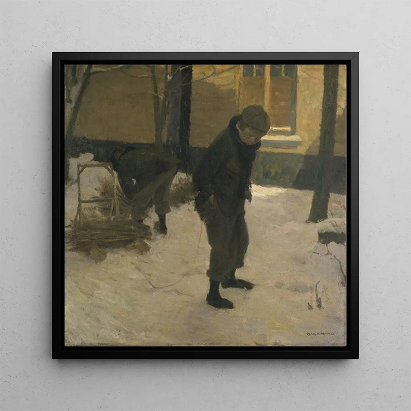 Child with Sledge - Charles Mertens — framed artwork on a wall