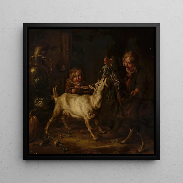 Enfants nourrissant des chèvres - Johann Heinrich Roos — framed artwork on a wall