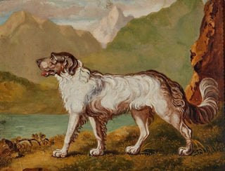 a long-haired dog near a mountain lake - English school — artwork view