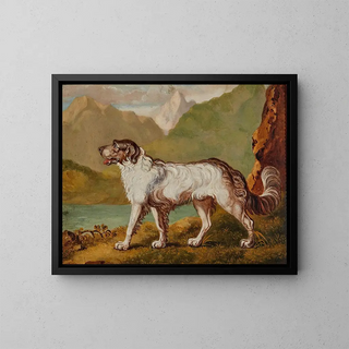 a long-haired dog near a mountain lake - English school — framed artwork on a wall