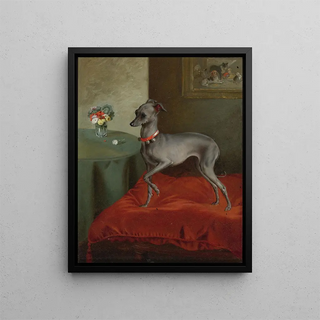 An Italian Greyhound on a Red Cushion - English School — framed artwork on a wall