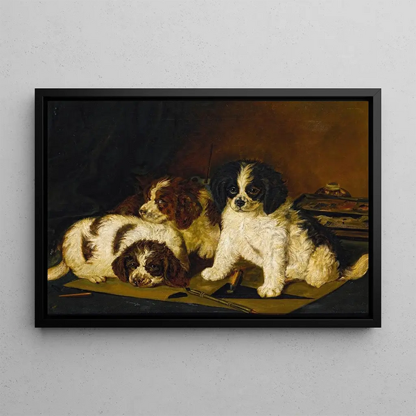Three English Springer Spaniel Puppies - English School — framed artwork on a wall
