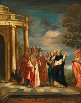 Saint Thomas Aquinas with Saints Ambrose Augustine, Pope Gregory the Great, and Jerome contemplating the Holy Sacrament - Erasmus de Bie — artwork view