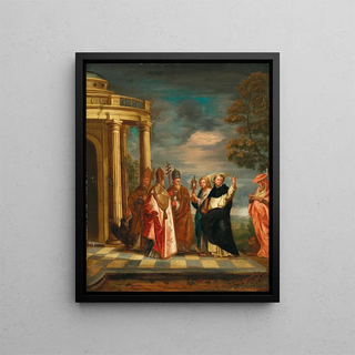 Saint Thomas Aquinas with Saints Ambrose Augustine, Pope Gregory the Great, and Jerome contemplating the Holy Sacrament - Erasmus de Bie — framed artwork on a wall