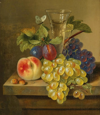 Still life with grapes, a glass of champagne, and a butterfly - Erdmann Schultz — artwork view