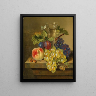 Still life with grapes, a glass of champagne, and a butterfly - Erdmann Schultz — framed artwork on a wall