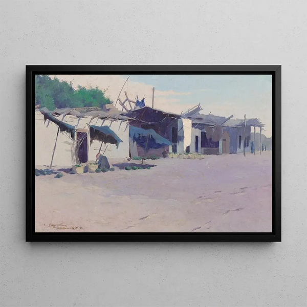 Village cabins painting in Alexandria, Egypt - Eric Pape — framed artwork on a wall