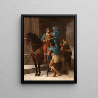 Saint Martin sharing his cloak with a beggar - Ernest-Barthélemy Michel — framed artwork on a wall