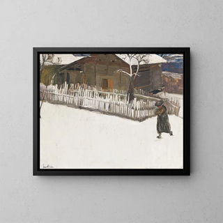 Winter landscape painting in front of a mazot - Ernest Bieler — framed artwork on a wall