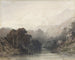 Mountain Lake Painting in the shadow of dark trees, with light hills and snow-capped peaks - Ernest Ciceri — artwork view