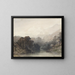 Mountain Lake Painting in the shadow of dark trees, with light hills and snow-capped peaks - Ernest Ciceri — framed artwork on a wall