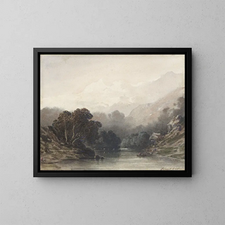 Mountain Lake Painting in the shadow of dark trees, with light hills and snow-capped peaks - Ernest Ciceri — framed artwork on a wall