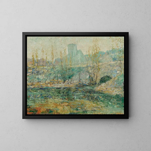 The Basin and the Gapstow Bridge, New York City - Ernest Lawson — framed artwork on a wall
