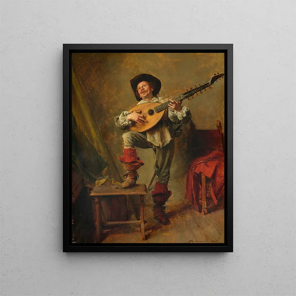 Soldier playing the theorbo - Ernest Meissonier — framed artwork on a wall