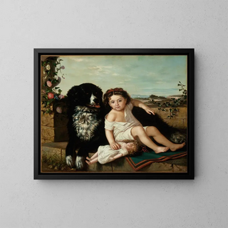 Portrait of a girl with a dog - Ernest Étienne Narjot — framed artwork on a wall