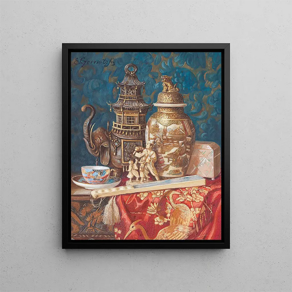 Still life with Asian art - Ernst Czernotzky — framed artwork on a wall