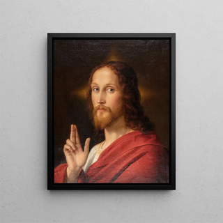 The Christ Blessing His Self-Portrait - Ernst Deger — framed artwork on a wall