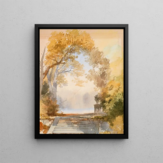 Autumn park painting with staircase - Ernst Erwin Oehme — framed artwork on a wall