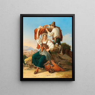 A family resting upon returning home - Ernst Heinrich Wilhelm Hampe — framed artwork on a wall