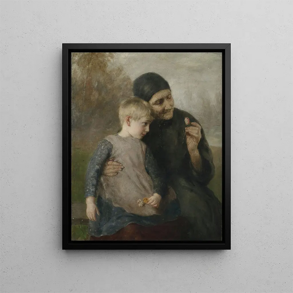 Artist's reproduction of Farmer with his granddaughter in front of a landscape background - Ernst Karl Georg Zimmermann — framed artwork on a wall