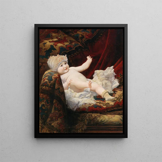 Portrait of a baby with a lace bonnet - Ernst Klimt — framed artwork on a wall